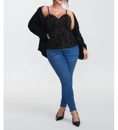 Flocked Floral Stretchy Mesh Lace Tank Top