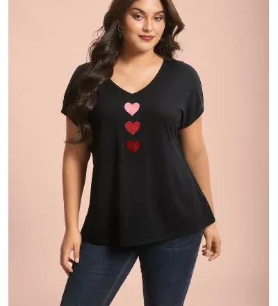 Heart Print Stretchy Dolman Sleeve T-Shirt