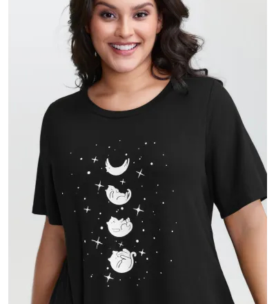 Midnight Cat Pattern Round Neck T-Shirt