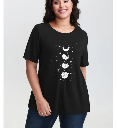 Midnight Cat Pattern Round Neck T-Shirt
