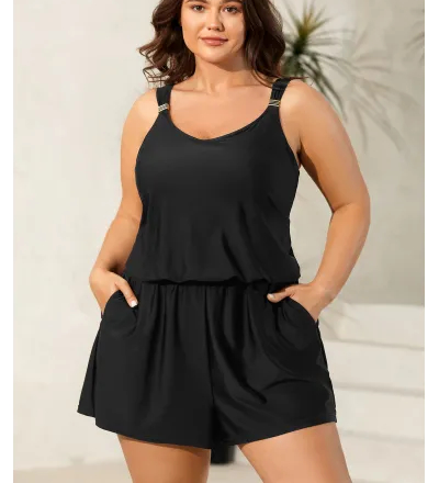 Plain Pockets Adjustable One-Piece Swimsuit