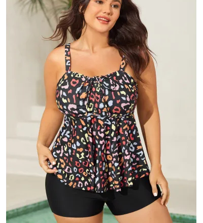 Multicolor Leopard Print Drawstring Swim Top