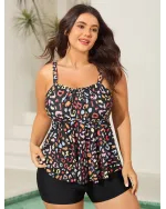 Multicolor Leopard Print Drawstring Swim Top