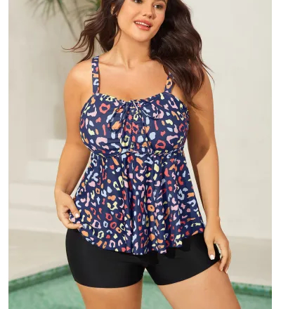 Multicolor Leopard Print Drawstring Swim Top