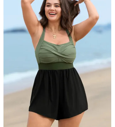 Patchwork Contrast Crossover One Piece Swimsuit