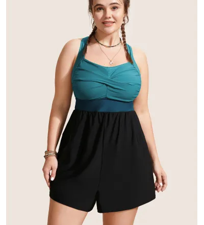 Patchwork Contrast Crossover One Piece Swimsuit