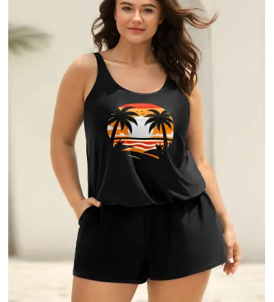 Island Pattern Pockets One-Piece Swimsuit