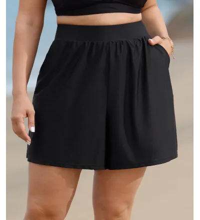 High Waisted Pockets Solid Pleated Swim Bottom