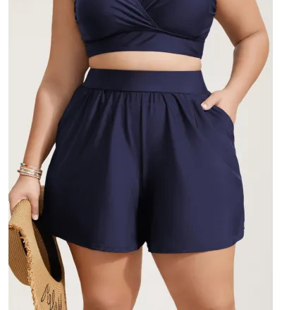 High Waisted Pockets Solid Pleated Swim Bottom