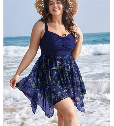 Tropical Ruched Ties Hanky Hem Crisscross Swim Dress