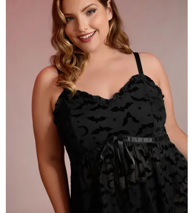 Bat Flocked Mesh Ruffled Sleep Dress