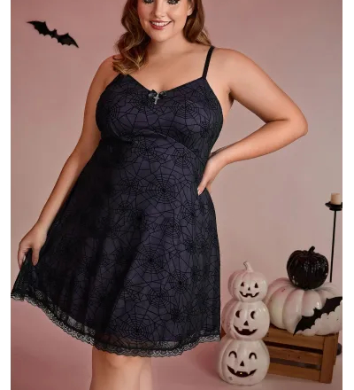 Elastic Flocked Mesh Spiderweb Sleep Dress