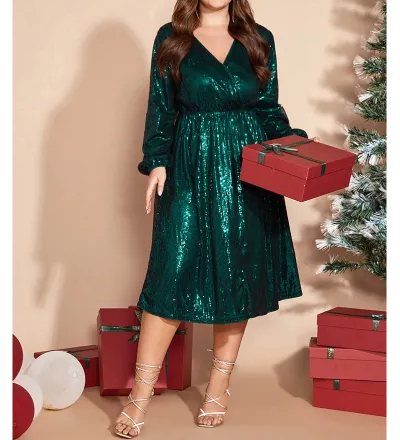 Solid Pocket Lantern Sleeve Wrap Sequin Dress