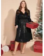 Solid Pocket Lantern Sleeve Wrap Sequin Dress