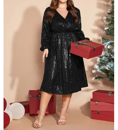 Solid Pocket Lantern Sleeve Wrap Sequin Dress