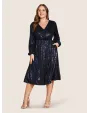 Solid Pocket Lantern Sleeve Wrap Sequin Dress