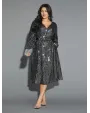 Solid Pocket Lantern Sleeve Wrap Sequin Dress