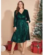 Solid Pocket Lantern Sleeve Wrap Sequin Dress