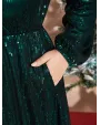Solid Pocket Lantern Sleeve Wrap Sequin Dress