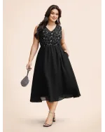 V Neck Sequin Floral Patchwork Dress