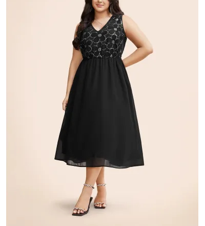 V Neck Sequin Floral Patchwork Dress