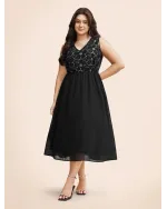 V Neck Sequin Floral Patchwork Dress