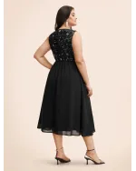 V Neck Sequin Floral Patchwork Dress