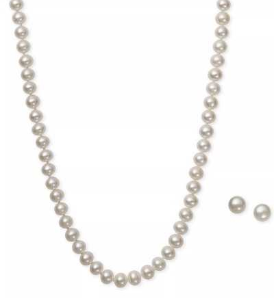 White Cultured Freshwater Pearl (6mm) Necklace and Matching Stud (7-1/2mm) Earrings Set