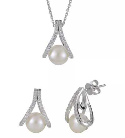 Cultured Freshwater Pearl and Lab Created White Sapphire Earring and Pendant Necklace Set