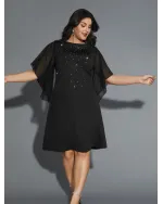 Rhinestone Ruffle Sleeve Mesh Patchwork Dress