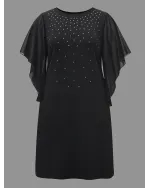 Rhinestone Ruffle Sleeve Mesh Patchwork Dress