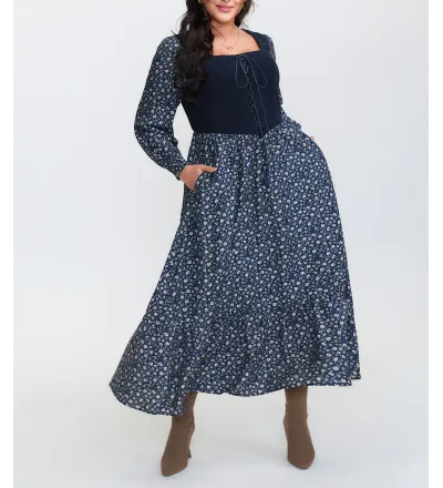 Corset Detail Shirred Floral Pockets Midi Dress