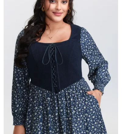 Corset Detail Shirred Floral Pockets Midi Dress