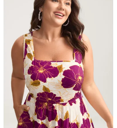 Large Floral Print Pockets Midi Dress