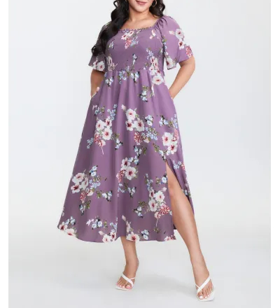 Floral Square Neck Ruffles Pocket Shirred Split Dress