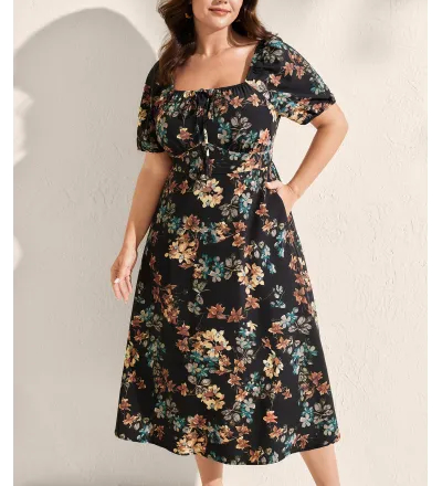 Floral Print Bust Ease Pockets Midi Dress