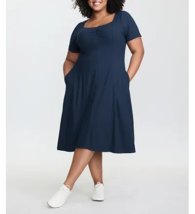 Ruched Bust-Friendly Square Neckline Midi Dress