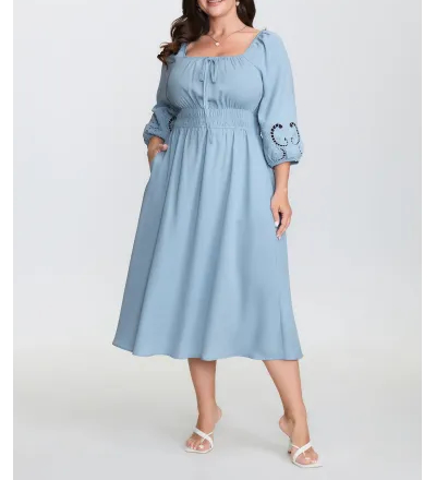 Floral Cut-Out Embroidery Stretchy Waist Midi Dress