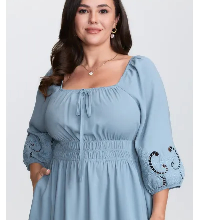 Floral Cut-Out Embroidery Stretchy Waist Midi Dress