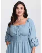 Floral Cut-Out Embroidery Stretchy Waist Midi Dress