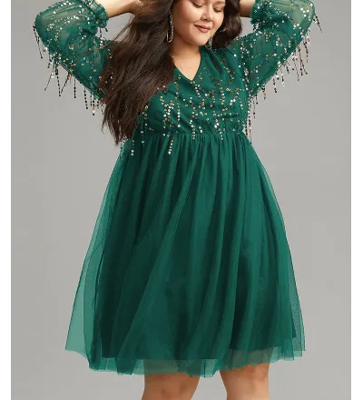 Sequin Mesh Patchwork Tassel Dress