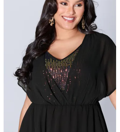 2-in-1 Sheer Sparkly Wrap Midi Dress