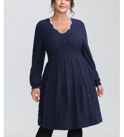 Scalloped V-Neck Fit and Flare Sweater Dress