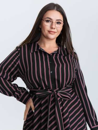 Striped Waist-Tie Collar Midi Dress