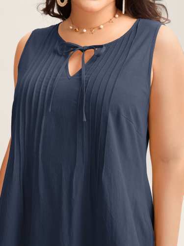 Cotton Toothpick Pleat Plain Midi Dress