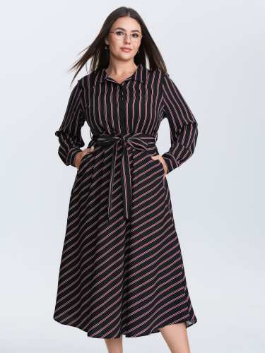 Striped Waist-Tie Collar Midi Dress
