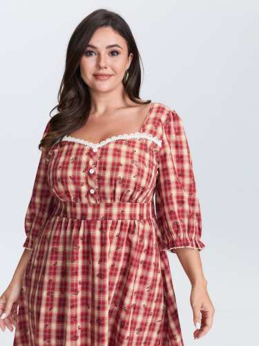 Plaid Floral Color Contrast Midi Dress