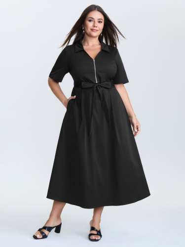 Collared Zipper Waist-Tie Maxi Dress