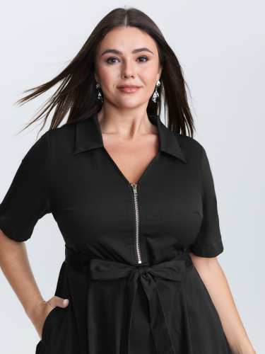 Collared Zipper Waist-Tie Maxi Dress