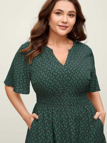 Geometric Print Waist-Cinched Tiered Midi Dress